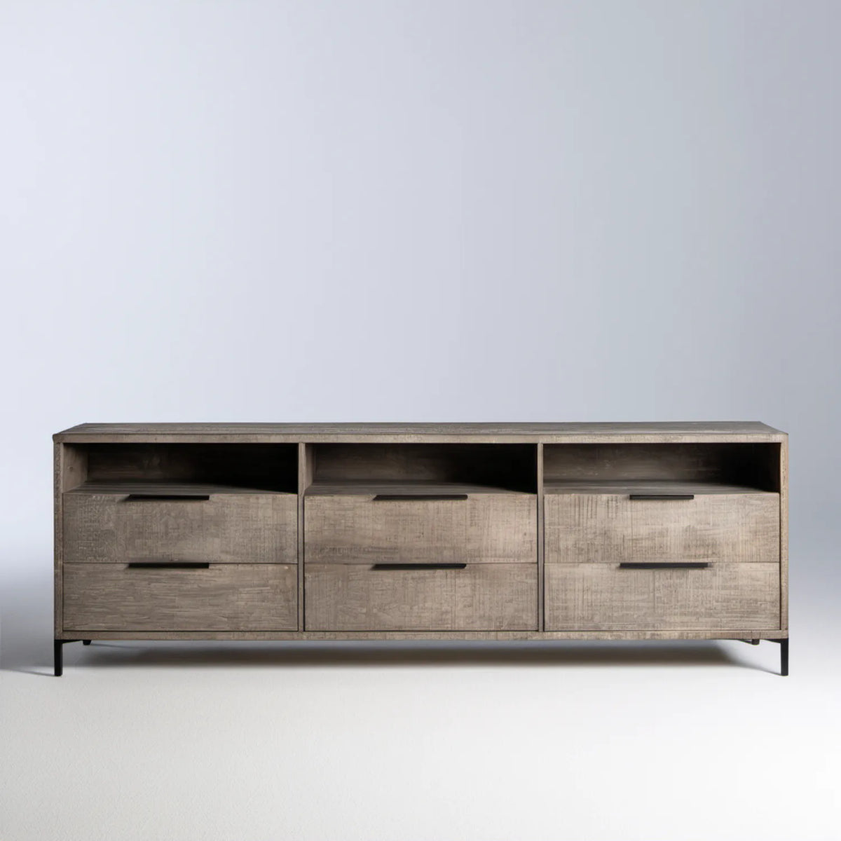 Szafka RTV z drewna mango, szara/czarna, 180 x 40 x 60 cm, 6 szuflad