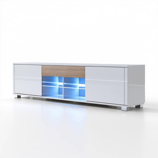 Szafka RTV 160 x 40 x 45 cm biała na wysoki połysk z dekorem dąb sonoma i niebieskim oświetleniem LED
