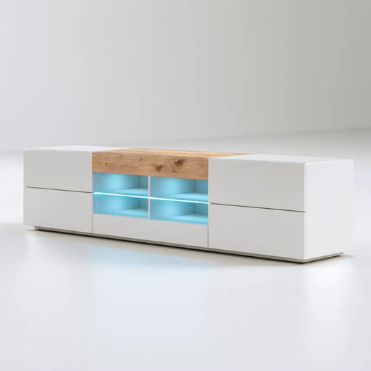Biała szafka RTV z oświetleniem LED, dekor dębu naturalnego, 200 × 40 × 50 cm