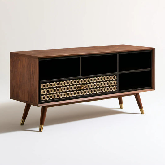Szafka RTV w stylu mid-century, fornir orzechowy, brązowo-czarno-złota, 160 x 40 x 75 cm